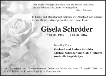 Traueranzeige von Gisela Schröder von  Allgemeine Zeitung Alzey