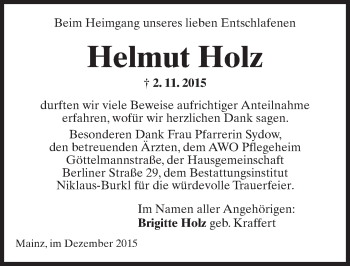 Traueranzeige von Helmut Holz von  Allgemeine Zeitung Mainz