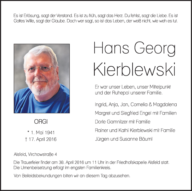  Traueranzeige für Hans Georg vom 19.04.2016 aus VRM Trauer