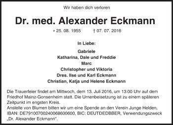 Traueranzeige von Alexander Eckmann von Trauerportal Rhein Main Presse