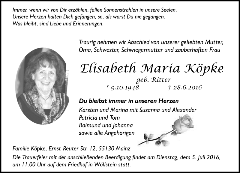  Traueranzeige für Elisabeth Maria Köpke vom 02.07.2016 aus Trauerportal Rhein Main Presse