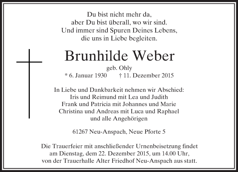  Traueranzeige für Brunhilde Weber vom 17.12.2015 aus  Usinger Anzeiger