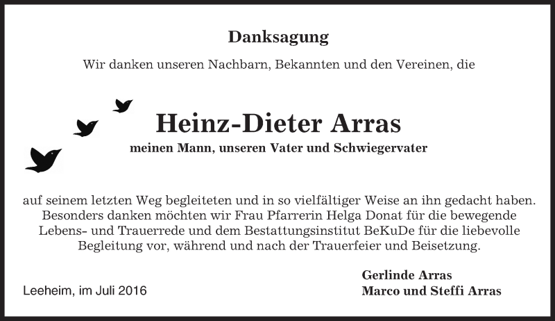  Traueranzeige für Heinz-Dieter Arras vom 23.07.2016 aus Trauerportal Echo Online