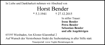 Traueranzeige von Horst Bender von  Wiesbaden komplett