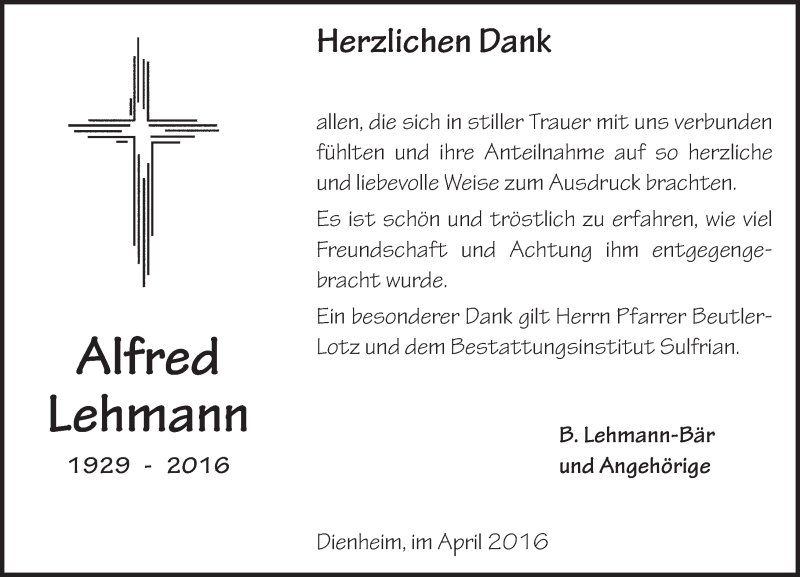  Traueranzeige für Alfred Lehmann vom 23.04.2016 aus  Landskrone