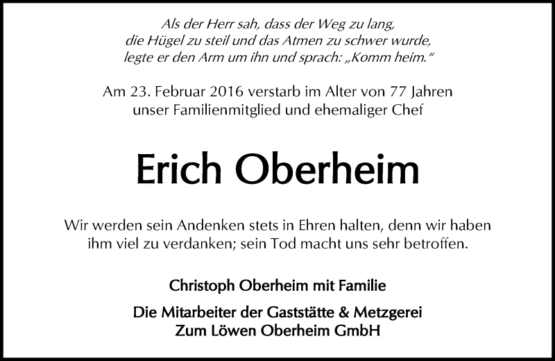  Traueranzeige für Erich Oberheim vom 02.03.2016 aus  Kreisanzeiger