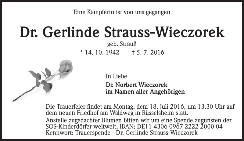  Traueranzeige für Gerlinde Strauss-Wieczorek vom 13.07.2016 aus Trauerportal Rhein Main Presse