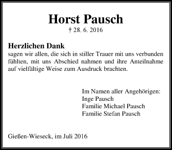Traueranzeige von Horst Pausch von  Gießener Anzeiger