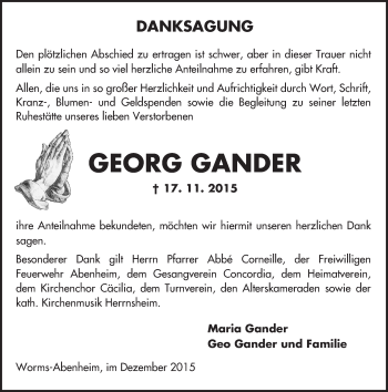 Traueranzeige von Georg Gander von  Wormser Zeitung