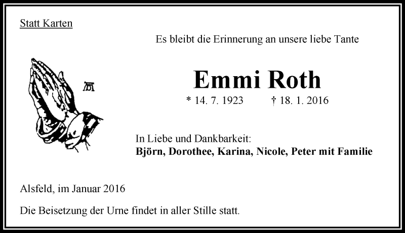  Traueranzeige für Emmi Roth vom 23.01.2016 aus VRM Trauer