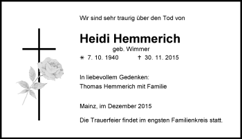 Traueranzeige von Heidi Hemmerich von  Allgemeine Zeitung Mainz