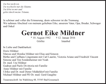 Traueranzeige von Gernot Eike Mildner von  Allgemeine Zeitung Mainz