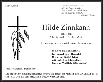 Traueranzeige von Hilde Zinnkann von VRM Trauer