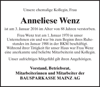 Traueranzeige von Anneliese Wenz von trauer.rmp.de