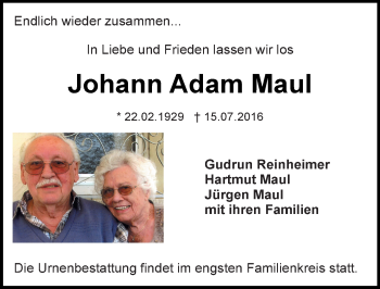 Traueranzeige von Johann Adam Maul von Trauerportal Echo Online