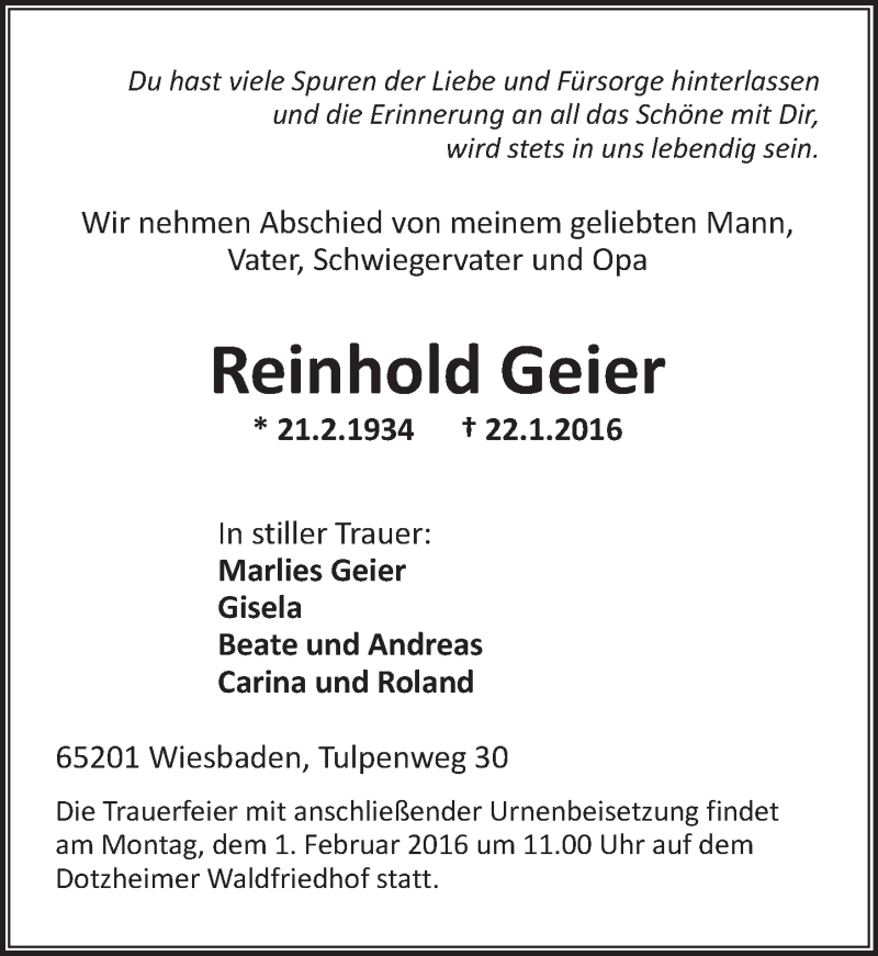  Traueranzeige für Reinhold Geier vom 30.01.2016 aus  Wiesbaden komplett