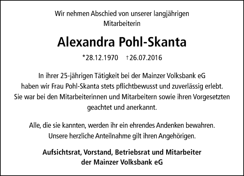  Traueranzeige für Alexandra Pohl-Skanta vom 30.07.2016 aus Trauerportal Rhein Main Presse