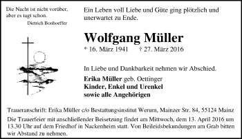 Traueranzeige von Wolfgang Müller von  Allgemeine Zeitung Mainz