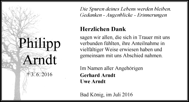  Traueranzeige für Philipp Arndt vom 09.07.2016 aus Trauerportal Echo Online