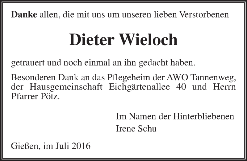  Traueranzeige für Dieter Wieloch vom 02.07.2016 aus  Gießener Anzeiger