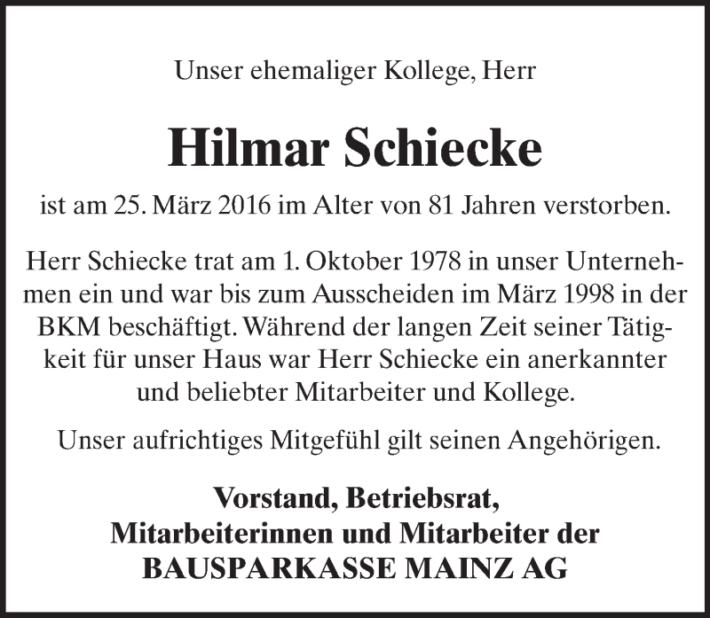  Traueranzeige für Hilmar Schiecke vom 07.04.2016 aus  Allgemeine Zeitung Mainz