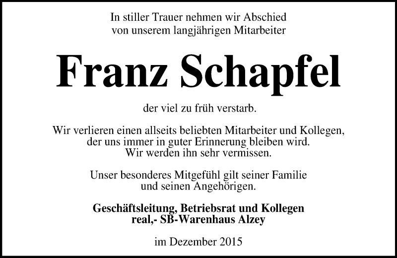  Traueranzeige für Franz Schapfel vom 14.12.2015 aus  Allgemeine Zeitung Alzey