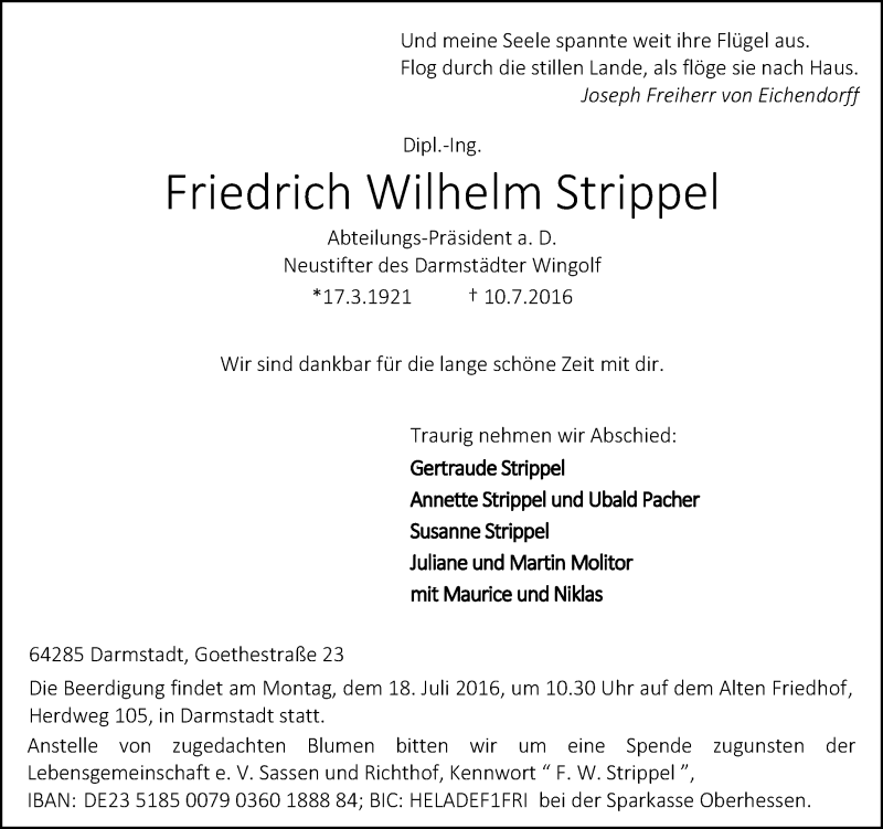  Traueranzeige für Friedrich Wilhelm Strippel vom 16.07.2016 aus Trauerportal Echo Online