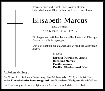 Traueranzeige von Elisabeth Marcus von VRM Trauer