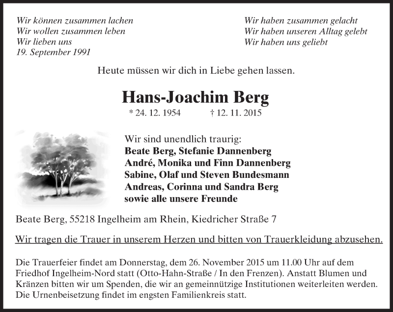  Traueranzeige für Hans-Joachim Berg vom 21.11.2015 aus  Allgemeine  Zeitung Ingelheim-Bingen