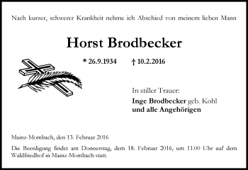 Traueranzeige von Horst Brodbecker von  Allgemeine Zeitung Mainz