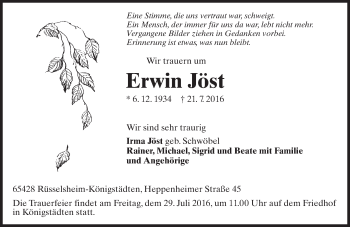 Traueranzeige von Erwin Jöst von Trauerportal Rhein Main Presse