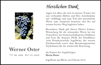 Traueranzeige von Werner Oster von  Allgemeine  Zeitung Ingelheim-Bingen