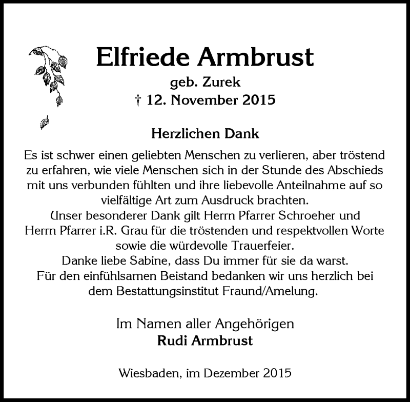 Traueranzeige für Elfriede Armbrust vom 12.12.2015 aus  Wiesbaden komplett