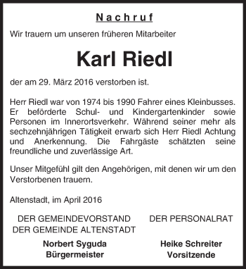 Traueranzeige von Karl Riedl von  Kreisanzeiger