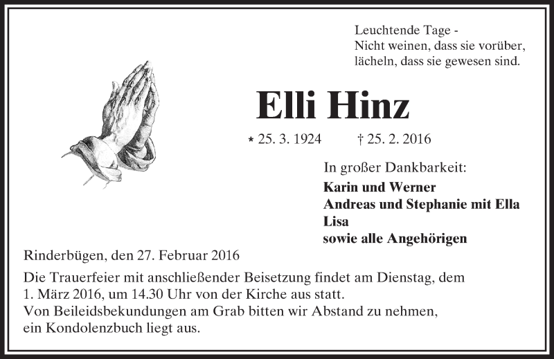  Traueranzeige für Elli Hinz vom 27.02.2016 aus  Kreisanzeiger