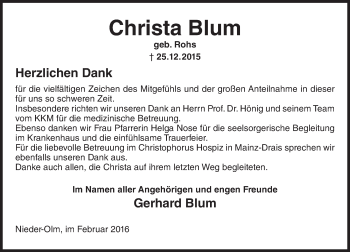 Traueranzeige von Christa Blum von  Allgemeine Zeitung Mainz
