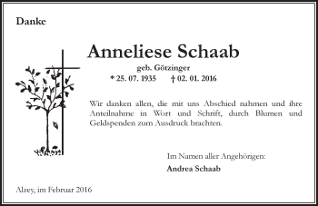 Traueranzeige von Anneliese Schaab von  Allgemeine Zeitung Alzey