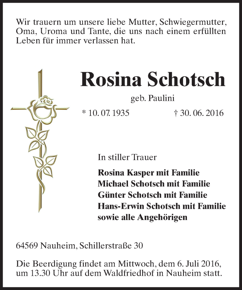 Traueranzeige für Rosina Schotsch vom 02.07.2016 aus Trauerportal Echo Online