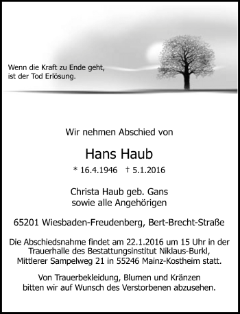 Traueranzeige von Hans Haub von  Wiesbaden komplett