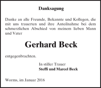 Traueranzeige von Gerhard Beck von  Wormser Zeitung