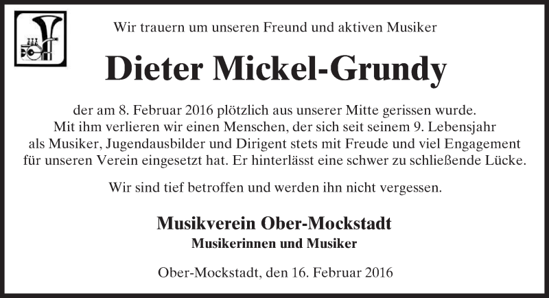  Traueranzeige für Dieter Mickel-Grundy vom 16.02.2016 aus  Kreisanzeiger