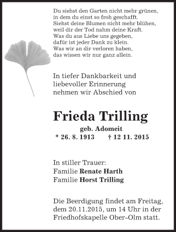 Traueranzeige von Frieda Trilling von  Allgemeine Zeitung Alzey