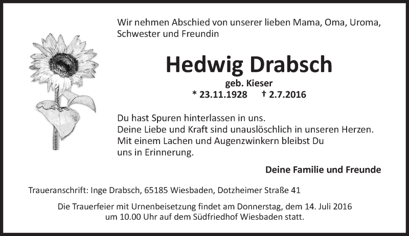  Traueranzeige für Hedwig Drabsch vom 09.07.2016 aus Trauerportal Rhein Main Presse