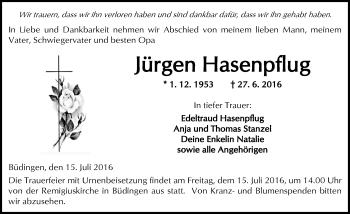 Traueranzeige von Jürgen Hasenpflug von  Kreisanzeiger