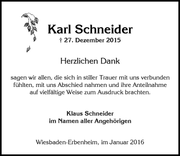 Traueranzeige von Karl Schneider von  Wiesbaden komplett