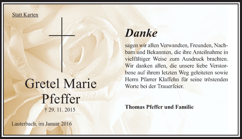  Traueranzeige für Gretel Maria Pfeffer vom 02.01.2016 aus  OK Oberhessen Kurier