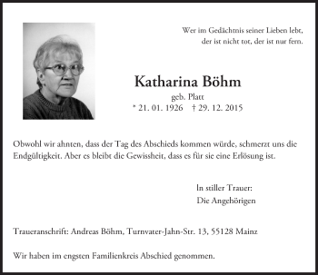 Traueranzeige von Katharina Böhm von  Allgemeine Zeitung Mainz