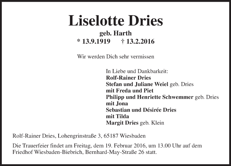  Traueranzeige für Liselotte Dries vom 17.02.2016 aus  Wiesbaden komplett