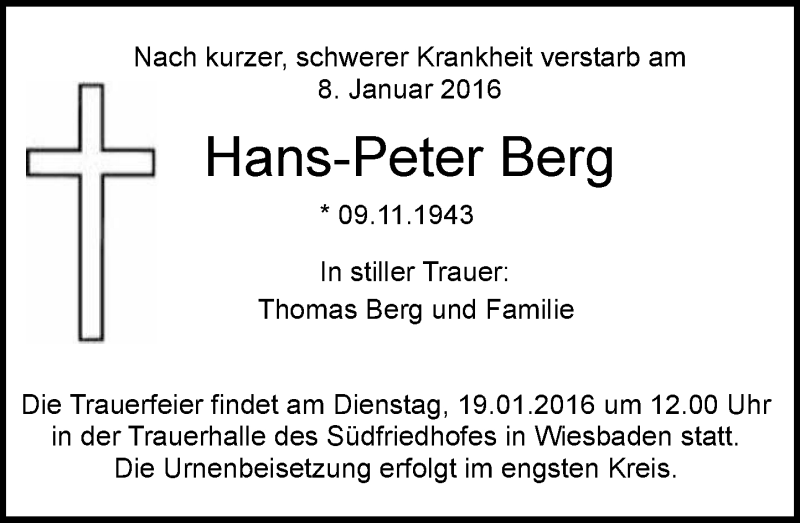  Traueranzeige für Hans-Peter Berg vom 16.01.2016 aus  Wiesbaden komplett