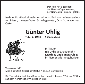 Traueranzeige von Günter Uhlig von  Wiesbaden komplett